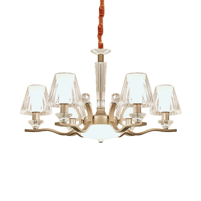 Clear Crystal Glass Cone Hanging Lamp Kit Modernist 6 Bulbs Bedroom Chandelier in Gold Clearhalo 'Ceiling Lights' 'Chandeliers' 'Modern Chandeliers' 'Modern' Lighting' 963068