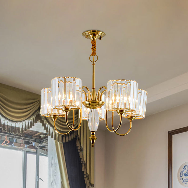 5 Bulbs Pendulum Light with Drum Shade Crystal Block Modernism Dining Room Ceiling Chandelier in Gold Gold Clearhalo 'Ceiling Lights' 'Chandeliers' 'Modern Chandeliers' 'Modern' Lighting' 963078