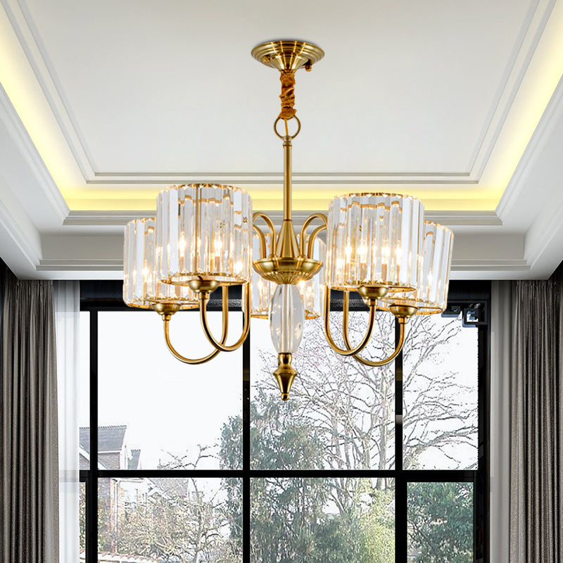 5 Bulbs Pendulum Light with Drum Shade Crystal Block Modernism Dining Room Ceiling Chandelier in Gold Clearhalo 'Ceiling Lights' 'Chandeliers' 'Modern Chandeliers' 'Modern' Lighting' 963079