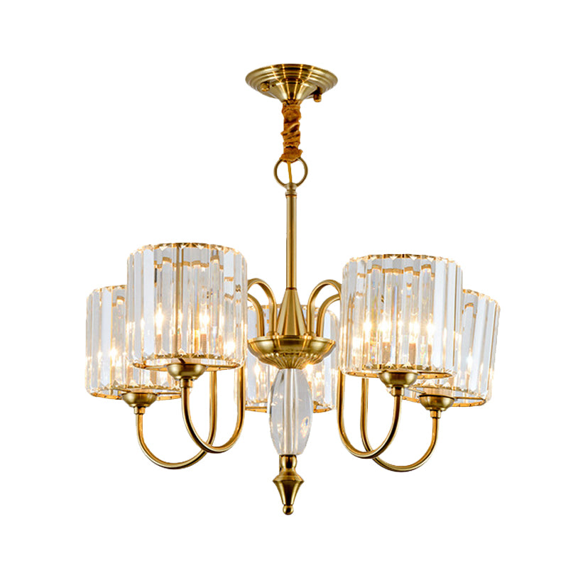 5 Bulbs Pendulum Light with Drum Shade Crystal Block Modernism Dining Room Ceiling Chandelier in Gold Clearhalo 'Ceiling Lights' 'Chandeliers' 'Modern Chandeliers' 'Modern' Lighting' 963080