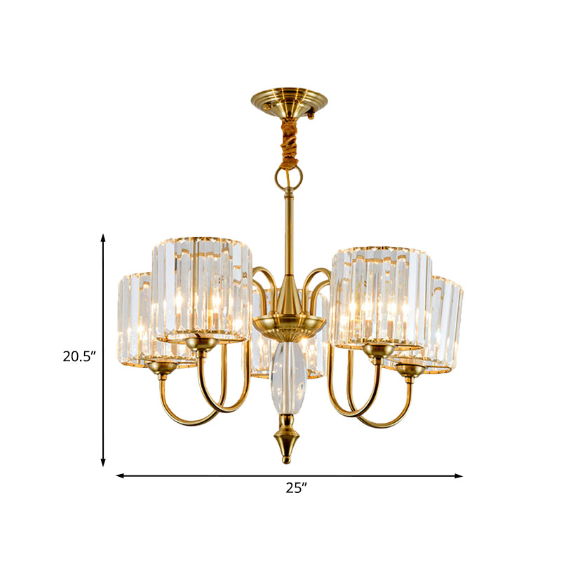 5 Bulbs Pendulum Light with Drum Shade Crystal Block Modernism Dining Room Ceiling Chandelier in Gold Clearhalo 'Ceiling Lights' 'Chandeliers' 'Modern Chandeliers' 'Modern' Lighting' 963081