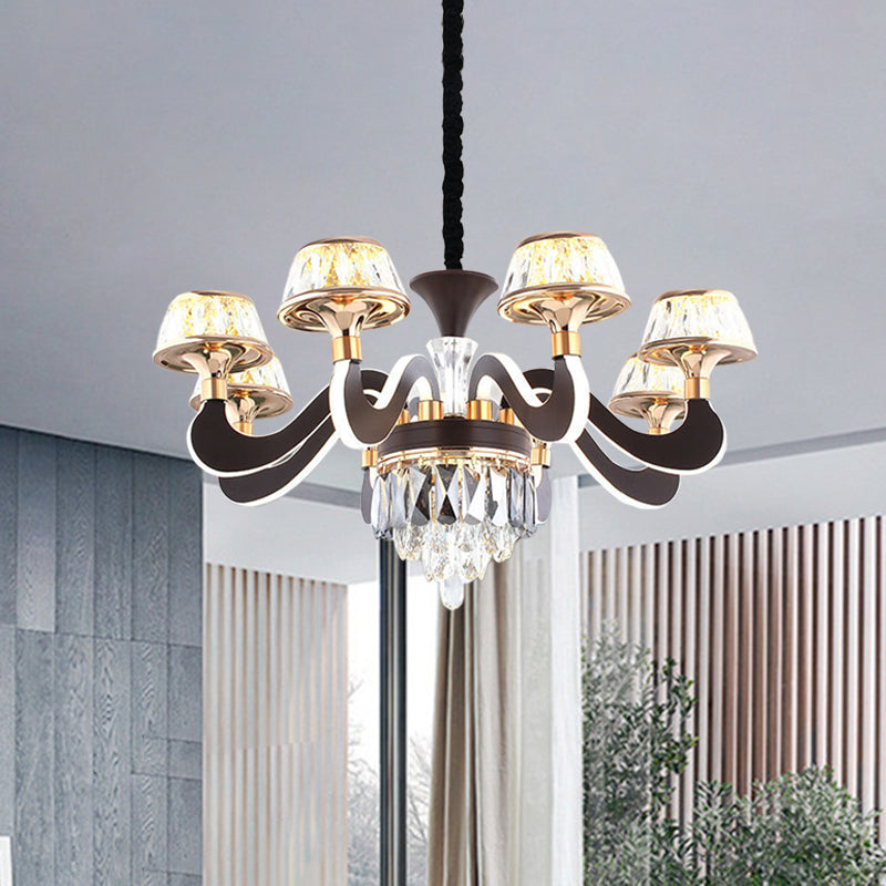 Black 6 Lights Ceiling Chandelier Modernist Metal Gooseneck Arm LED Crystal Hanging Pendant Clearhalo 'Ceiling Lights' 'Chandeliers' 'Modern Chandeliers' 'Modern' Lighting' 963295