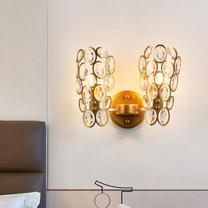 Dot Faceted Crystal Wall Lamp Fixture Modernist 2 Bulbs Gold Finish Wall Mount Light for Bedside Gold Clearhalo 'Cast Iron' 'Glass' 'Industrial' 'Modern wall lights' 'Modern' 'Tiffany' 'Traditional wall lights' 'Wall Lamps & Sconces' 'Wall Lights' Lighting' 963539