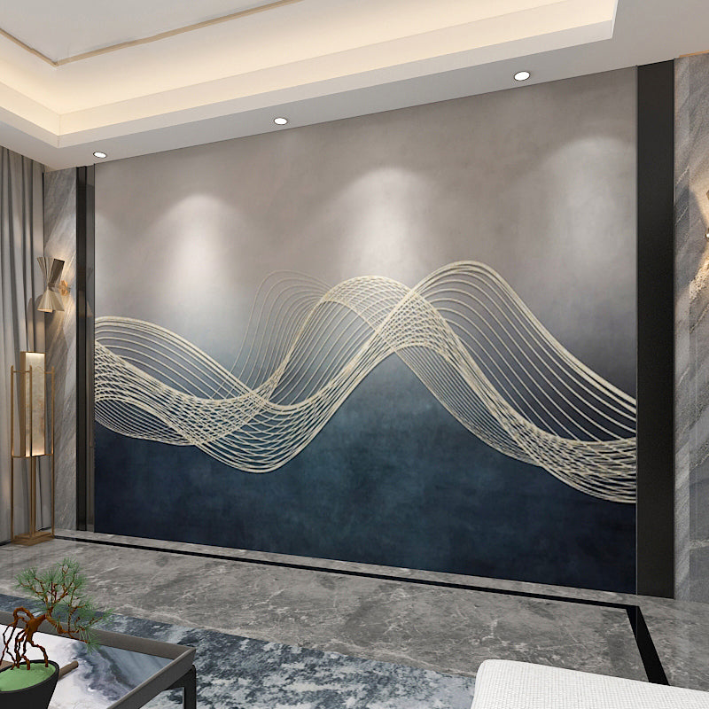 Line Design Mural Full Outspread Line Mural Contemporary 3D Effect Wall Art in Blue and ...
