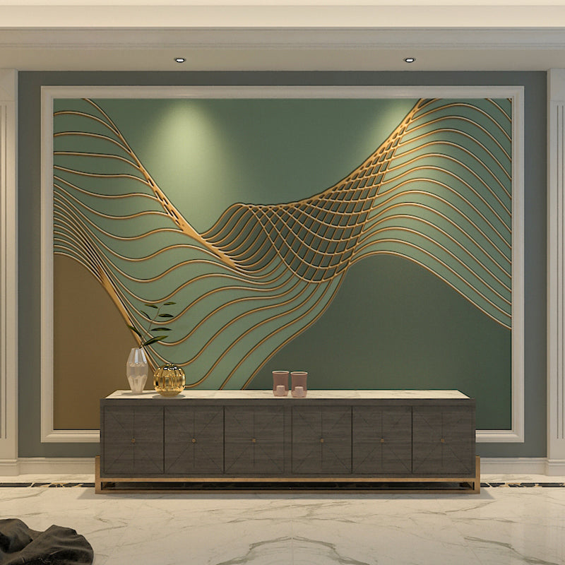 Modern Green Mural Wallpaper with 3D Print Swirled Line Design for Living Room, Non-Woven Material Clearhalo 'Wall Decor' 'Wall Mural' 965128