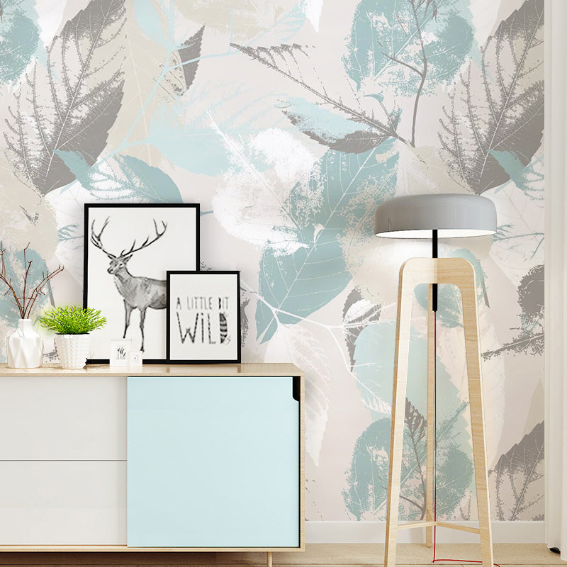 Tropical Leaf Texture Mural Wallpaper for Living Room Scandinavian Wall Art, Made to Measure Blue-Gray Clearhalo 'Wall Decor' 'Wall Mural' 965261