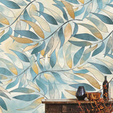 Moisture-Resistant Luxurious Leaf Mural Tropical Wall Covering in Blue and Coffee for Accent Wall