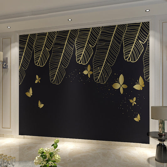 Big Illustration Style Leaf Mural for Living Room in Gold and Black, Personalized Size Available