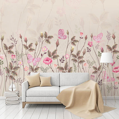 Personalized Branch and Butterfly Mural for Accent Wall Fantasy Blossom in Pink, Stain Resistant Pink Clearhalo 'Wall Decor' 'Wall Mural' 965331