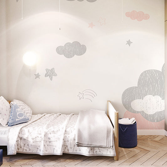 Cute Cloud Wall Decor for Children Fresh Wall Mural in Grey and Pink, Made to Measure