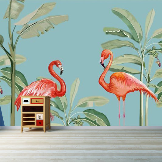 Pink and Green Flamingo Mural Wallpaper Water-Resistant Wall Covering for Living Room