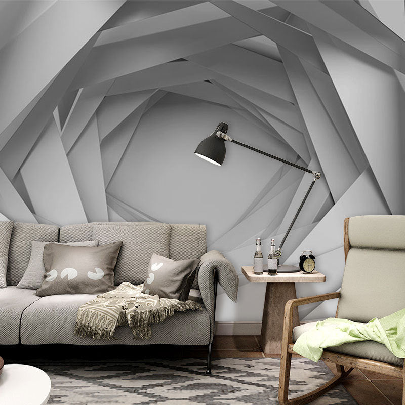 Whole 3D Visual Extensive Tunnel Mural for Office Room Fantasy Wall Decor in Grey White Clearhalo 'Wall Decor' 'Wall Mural' 965732