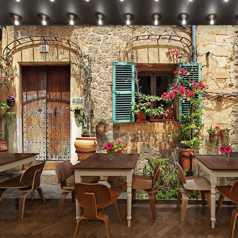 Multicolored Blossom and Street Mural Decorative Wall Covering for Restaurant Decor Brown A Clearhalo 'Wall Decor' 'Wall Mural' 965752