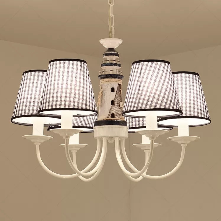 Kids Blue Pendant Light with Plaid Shade Lighthouse 6 Lights Metal Chandelier for Child Bedroom Clearhalo 'Ceiling Lights' 'Chandeliers' Lighting' options 96579