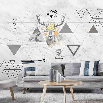 Illustration Deer and Geometries Mural Big Wall Art for Living Room, Made to Measure Grey Clearhalo 'Wall Decor' 'Wall Mural' 965812