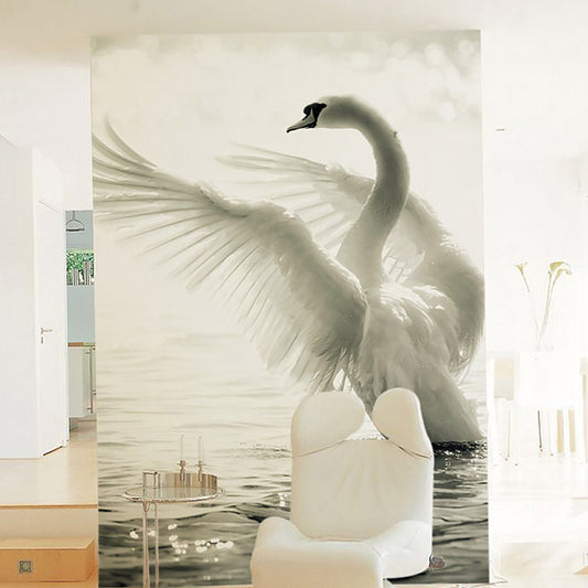 Goose Mural Wallpaper in Plain White, Minimalist Wall Covering for Living Room