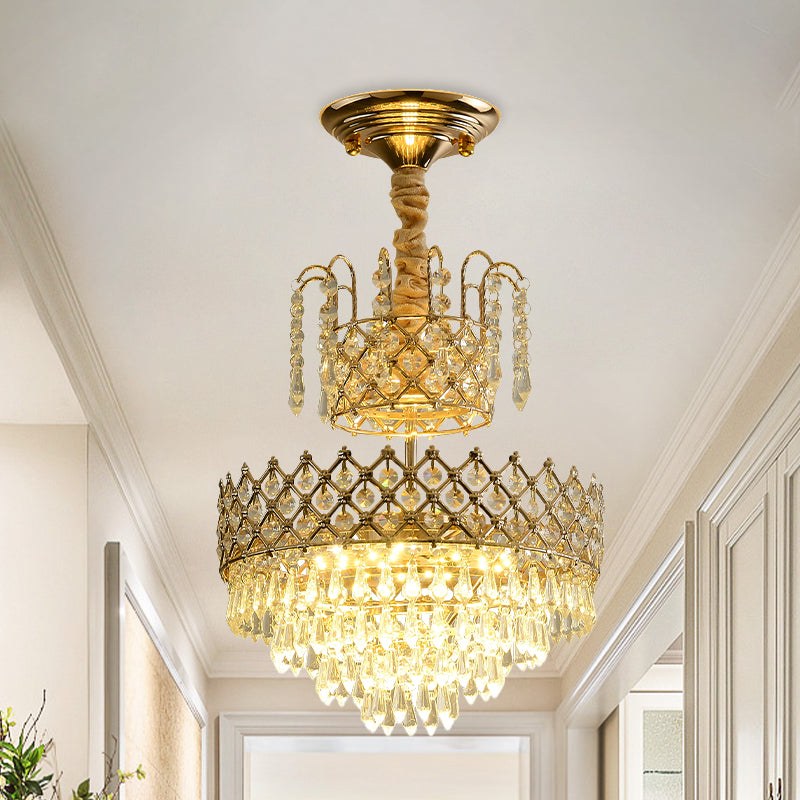 Gold LED Ceiling Pendant Lamp Vintage Crystal Layered Cone Shaped Chandelier for Corridor Clearhalo 'Ceiling Lights' 'Chandeliers' Lighting' options 965828