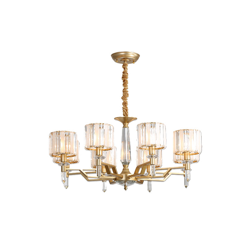Prismatic Crystal Cylinder Up Chandelier Postmodern 8 Heads Living Room Suspended Lighting Fixture in Gold Clearhalo 'Ceiling Lights' 'Chandeliers' 'Modern Chandeliers' 'Modern' Lighting' 965839
