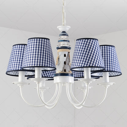 Kids Blue Pendant Light with Plaid Shade Lighthouse 6 Lights Metal Chandelier for Child Bedroom Blue Clearhalo 'Ceiling Lights' 'Chandeliers' Lighting' options 96585_9373798c-9487-4bf6-8574-5b883e7a6127