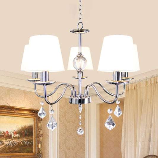 Modern Style Cone Chandelier 5 Heads Fabric Ceiling Pendant in White-Chrome with Crystal Pendeloques Clearhalo 'Ceiling Lights' 'Chandeliers' Lighting' options 965893