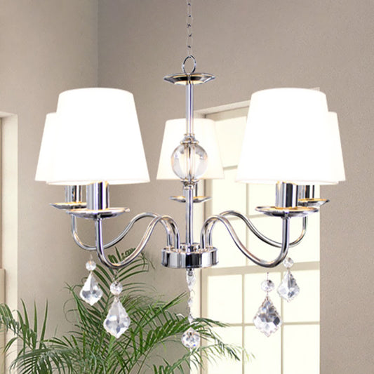 Modern Style Cone Chandelier 5 Heads Fabric Ceiling Pendant in White-Chrome with Crystal Pendeloques Clearhalo 'Ceiling Lights' 'Chandeliers' Lighting' options 965894