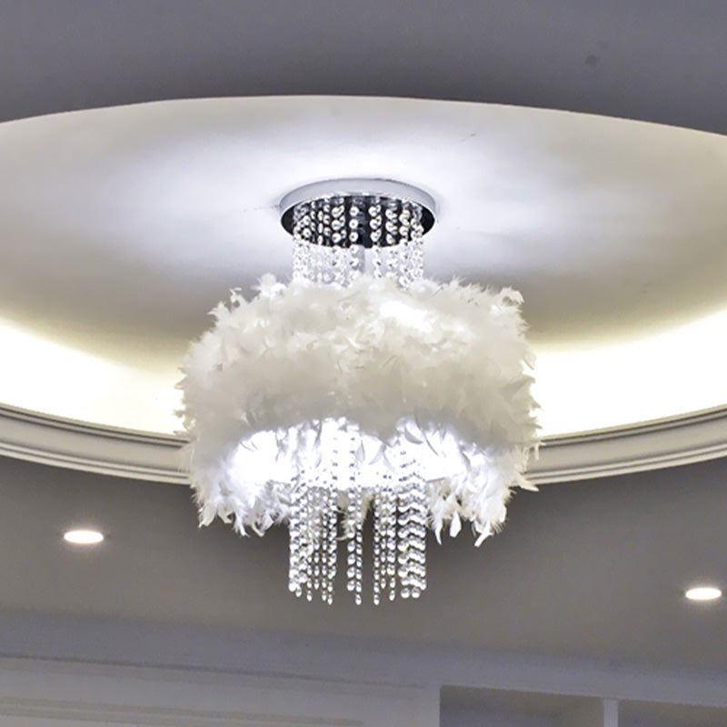 Feather Fluffy Drum Semi Flush Chandelier Modern Style 4 Bulbs Bedroom Ceiling Lamp with Crystal Chain in Chrome Chrome Clearhalo 'Ceiling Lights' 'Close To Ceiling Lights' 'Close to ceiling' 'Semi-flushmount' Lighting' 965927