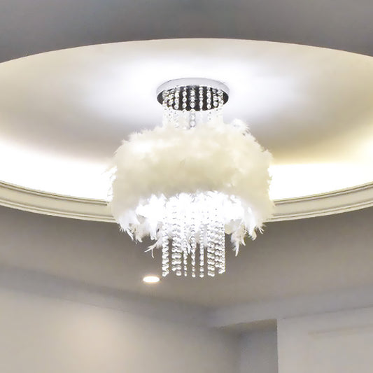 Feather Fluffy Drum Semi Flush Chandelier Modern Style 4 Bulbs Bedroom Ceiling Lamp with Crystal Chain in Chrome Clearhalo 'Ceiling Lights' 'Close To Ceiling Lights' 'Close to ceiling' 'Semi-flushmount' Lighting' 965928