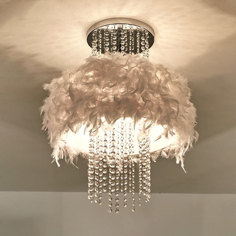 Feather Fluffy Drum Semi Flush Chandelier Modern Style 4 Bulbs Bedroom Ceiling Lamp with Crystal Chain in Chrome Clearhalo 'Ceiling Lights' 'Close To Ceiling Lights' 'Close to ceiling' 'Semi-flushmount' Lighting' 965929