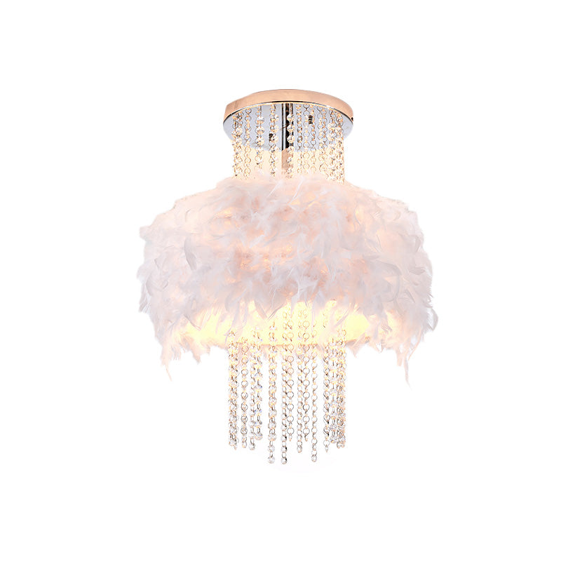 Feather Fluffy Drum Semi Flush Chandelier Modern Style 4 Bulbs Bedroom Ceiling Lamp with Crystal Chain in Chrome Clearhalo 'Ceiling Lights' 'Close To Ceiling Lights' 'Close to ceiling' 'Semi-flushmount' Lighting' 965930