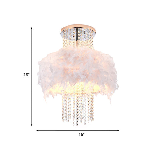 Feather Fluffy Drum Semi Flush Chandelier Modern Style 4 Bulbs Bedroom Ceiling Lamp with Crystal Chain in Chrome Clearhalo 'Ceiling Lights' 'Close To Ceiling Lights' 'Close to ceiling' 'Semi-flushmount' Lighting' 965931