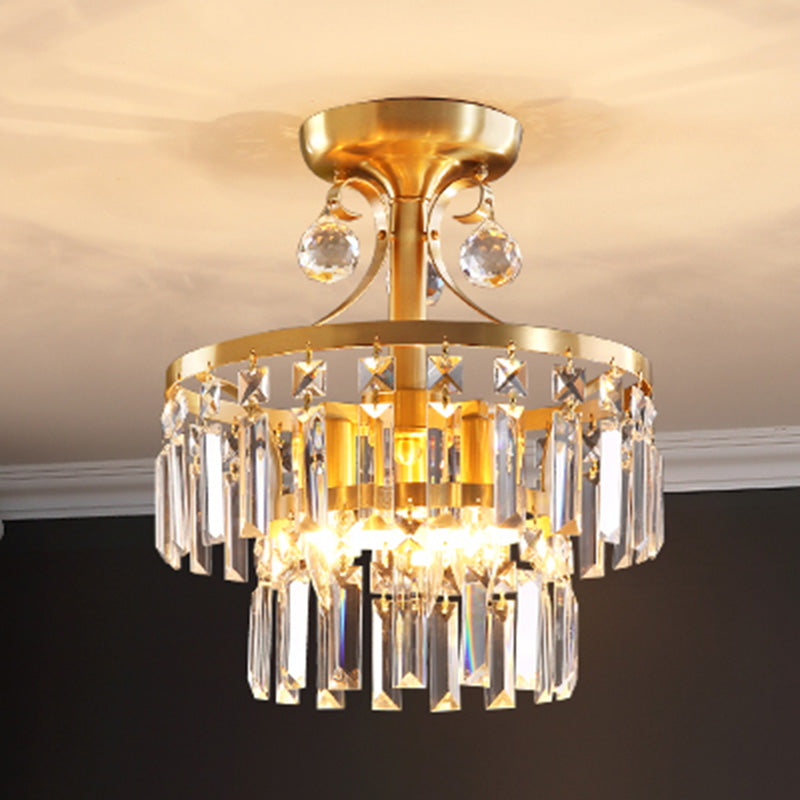 Postmodern 2-Layer Drum Flush Mount 3 Lights Crystal Prism Close to Ceiling Lighting in Brass Clearhalo 'Ceiling Lights' 'Close To Ceiling Lights' 'Close to ceiling' 'Semi-flushmount' Lighting' 965943