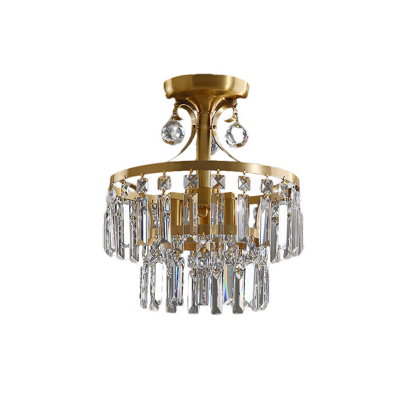 Postmodern 2-Layer Drum Flush Mount 3 Lights Crystal Prism Close to Ceiling Lighting in Brass Clearhalo 'Ceiling Lights' 'Close To Ceiling Lights' 'Close to ceiling' 'Semi-flushmount' Lighting' 965944