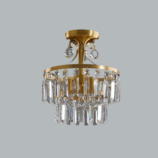 Postmodern 2-Layer Drum Flush Mount 3 Lights Crystal Prism Close to Ceiling Lighting in Brass Clearhalo 'Ceiling Lights' 'Close To Ceiling Lights' 'Close to ceiling' 'Semi-flushmount' Lighting' 965945