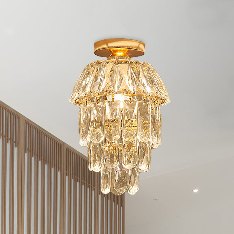Pinecone/Cylinder Foyer Ceiling Lamp Simple Crystal 1 Bulb Gold Semi Flush Mount Light Fixture Clearhalo 'Ceiling Lights' 'Close To Ceiling Lights' 'Close to ceiling' 'Semi-flushmount' Lighting' 965953
