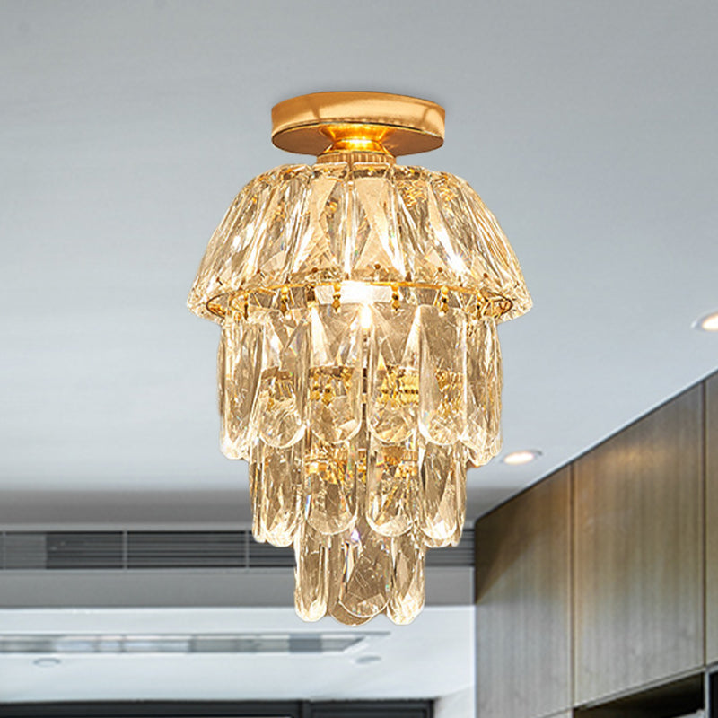 Pinecone/Cylinder Foyer Ceiling Lamp Simple Crystal 1 Bulb Gold Semi Flush Mount Light Fixture Clearhalo 'Ceiling Lights' 'Close To Ceiling Lights' 'Close to ceiling' 'Semi-flushmount' Lighting' 965954
