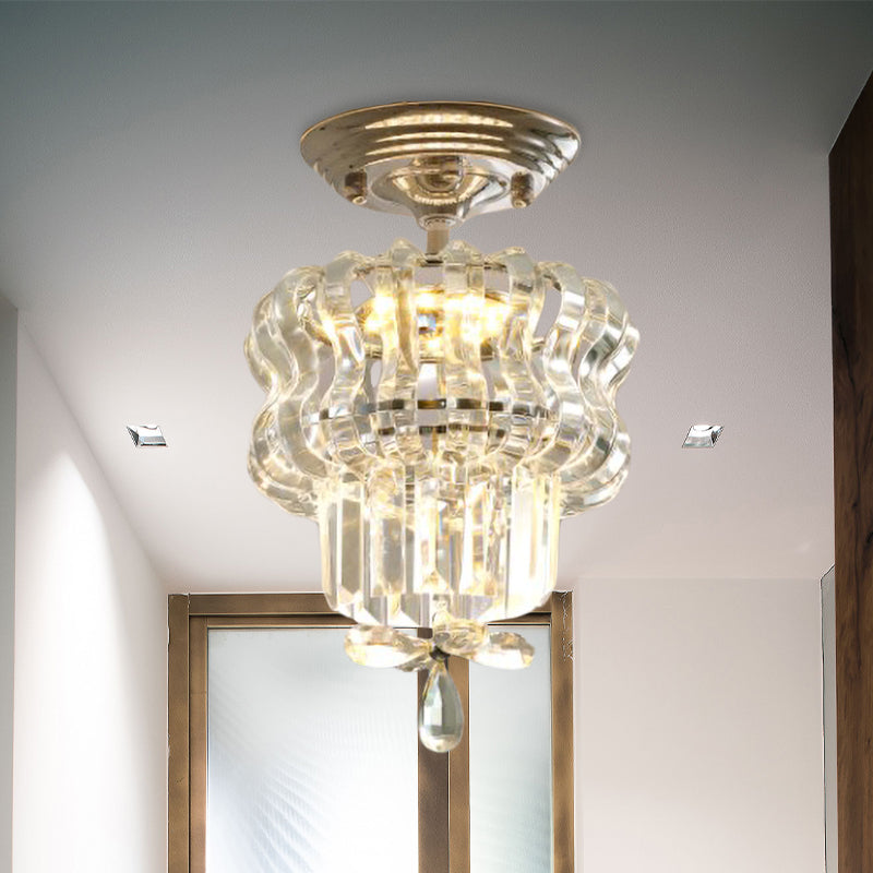 Silver LED Semi Flush Light Fixture Simple Crystal 2-Tier Small Close to Ceiling Lamp for Hallway Clearhalo 'Ceiling Lights' 'Close To Ceiling Lights' 'Close to ceiling' 'Semi-flushmount' Lighting' 966009