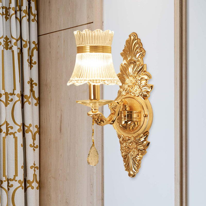 1 Bulb Flower/Sector Wall Mounted Lamp Traditional Clear Ribbed Glass Sconce Light with Gold Carved Arm Clearhalo 'Wall Lamps & Sconces' 'Wall Lights' Lighting' 966033