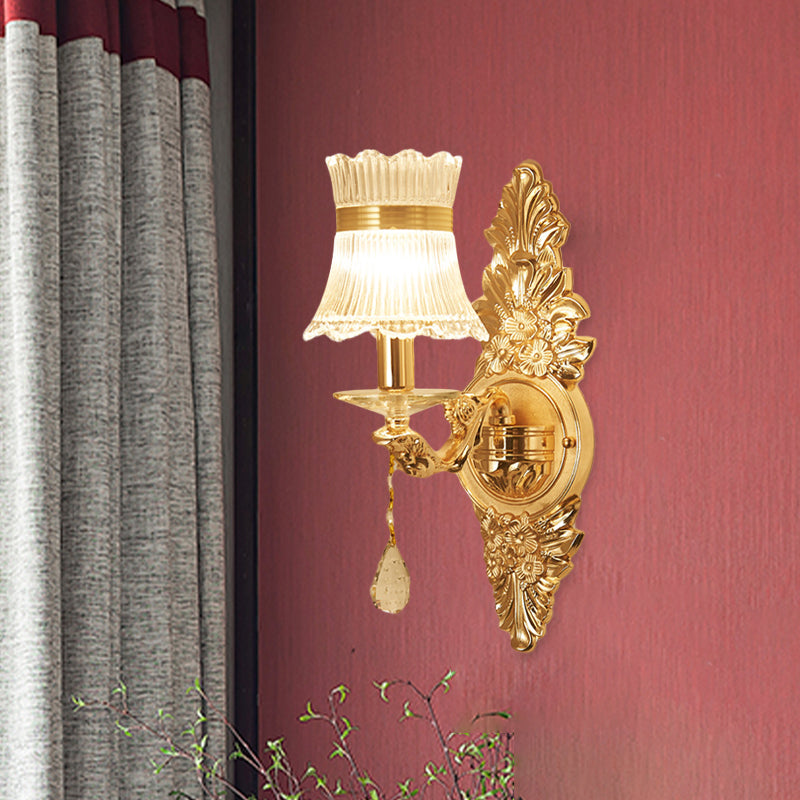 1 Bulb Flower/Sector Wall Mounted Lamp Traditional Clear Ribbed Glass Sconce Light with Gold Carved Arm Clearhalo 'Wall Lamps & Sconces' 'Wall Lights' Lighting' 966034