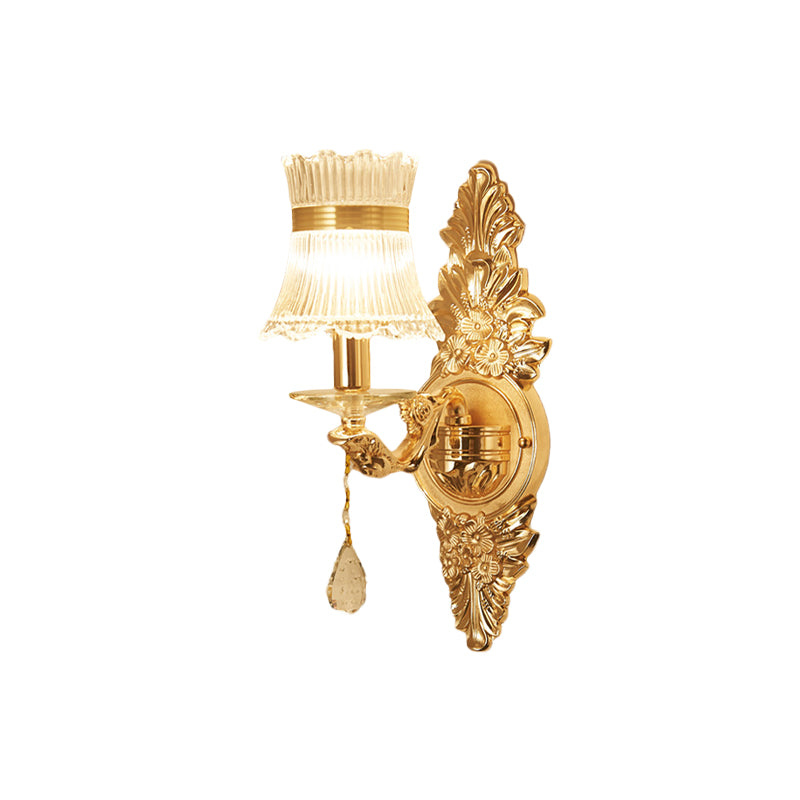 1 Bulb Flower/Sector Wall Mounted Lamp Traditional Clear Ribbed Glass Sconce Light with Gold Carved Arm Clearhalo 'Wall Lamps & Sconces' 'Wall Lights' Lighting' 966035