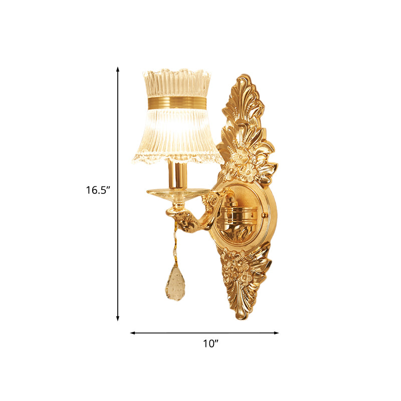 1 Bulb Flower/Sector Wall Mounted Lamp Traditional Clear Ribbed Glass Sconce Light with Gold Carved Arm Clearhalo 'Wall Lamps & Sconces' 'Wall Lights' Lighting' 966036