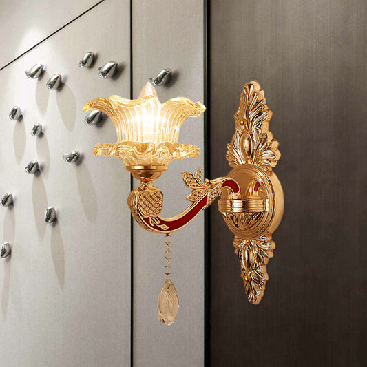 1 Bulb Flower/Sector Wall Mounted Lamp Traditional Clear Ribbed Glass Sconce Light with Gold Carved Arm Clearhalo 'Wall Lamps & Sconces' 'Wall Lights' Lighting' 966039