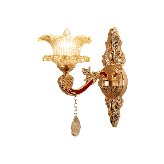 1 Bulb Flower/Sector Wall Mounted Lamp Traditional Clear Ribbed Glass Sconce Light with Gold Carved Arm Clearhalo 'Wall Lamps & Sconces' 'Wall Lights' Lighting' 966040