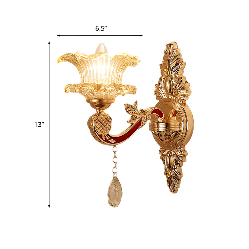 1 Bulb Flower/Sector Wall Mounted Lamp Traditional Clear Ribbed Glass Sconce Light with Gold Carved Arm Clearhalo 'Wall Lamps & Sconces' 'Wall Lights' Lighting' 966041