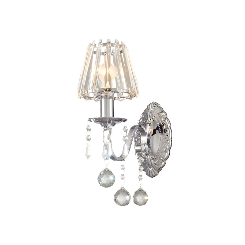 Crystal Cone Wall Light Kit Contemporary 1/2-Light Living Room Sconce Lighting Fixture in Chrome with Drops Clearhalo 'Wall Lamps & Sconces' 'Wall Lights' Lighting' 966049