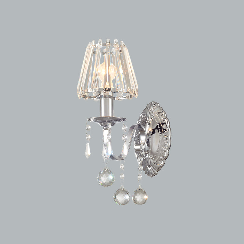Crystal Cone Wall Light Kit Contemporary 1/2-Light Living Room Sconce Lighting Fixture in Chrome with Drops Clearhalo 'Wall Lamps & Sconces' 'Wall Lights' Lighting' 966050