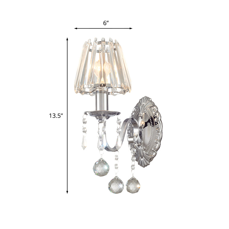 Crystal Cone Wall Light Kit Contemporary 1/2-Light Living Room Sconce Lighting Fixture in Chrome with Drops Clearhalo 'Wall Lamps & Sconces' 'Wall Lights' Lighting' 966051