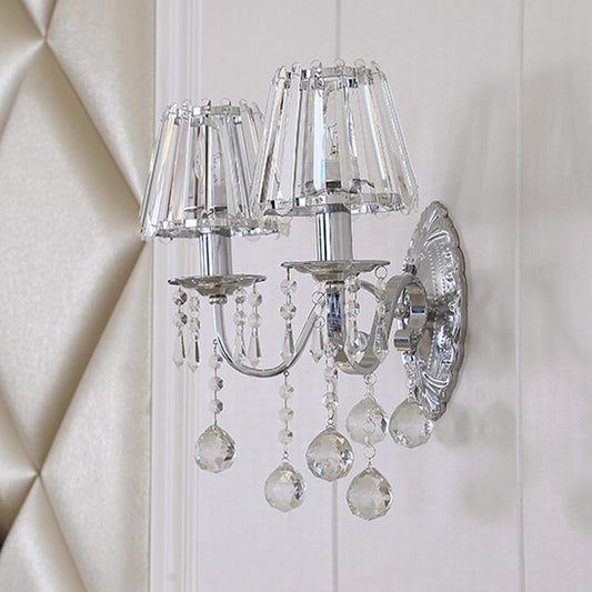 Crystal Cone Wall Light Kit Contemporary 1/2-Light Living Room Sconce Lighting Fixture in Chrome with Drops Clearhalo 'Wall Lamps & Sconces' 'Wall Lights' Lighting' 966053