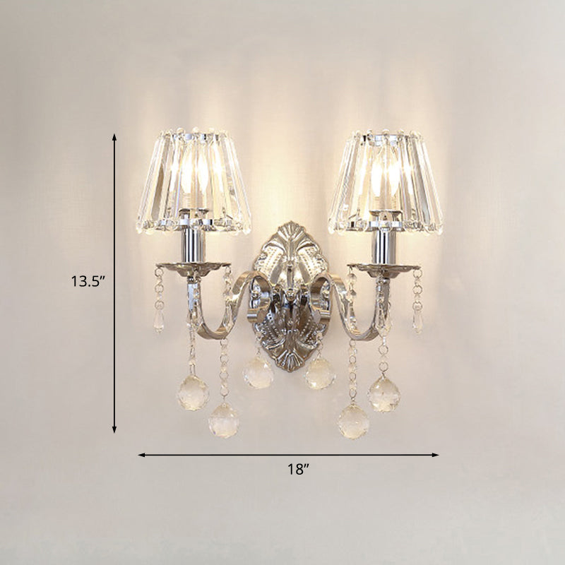 Crystal Cone Wall Light Kit Contemporary 1/2-Light Living Room Sconce Lighting Fixture in Chrome with Drops Clearhalo 'Wall Lamps & Sconces' 'Wall Lights' Lighting' 966056