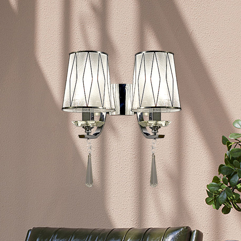 1/2-Bulb Wall Lighting Fixture Modern Diamond-Pattern Barrel PVC Wall Lamp in Chrome with K9 Crystal Drop 2.0 Chrome Clearhalo 'Modern wall lights' 'Modern' 'Wall Lamps & Sconces' 'Wall Lights' Lighting' 966067