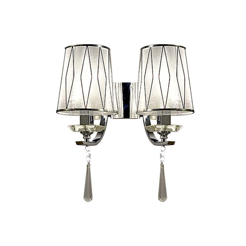 1/2-Bulb Wall Lighting Fixture Modern Diamond-Pattern Barrel PVC Wall Lamp in Chrome with K9 Crystal Drop Clearhalo 'Modern wall lights' 'Modern' 'Wall Lamps & Sconces' 'Wall Lights' Lighting' 966069
